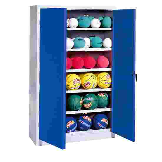 C+P Ballenkast (HxBxD195x120x50 cm, met geperforeerde plaatstaal vleugeldeuren, type 3) Gentiaanblauw (RAL 5010), Lichtgrijs (RAL 7035), Uniforme vergrendeling, Ergo-Lock handgreep